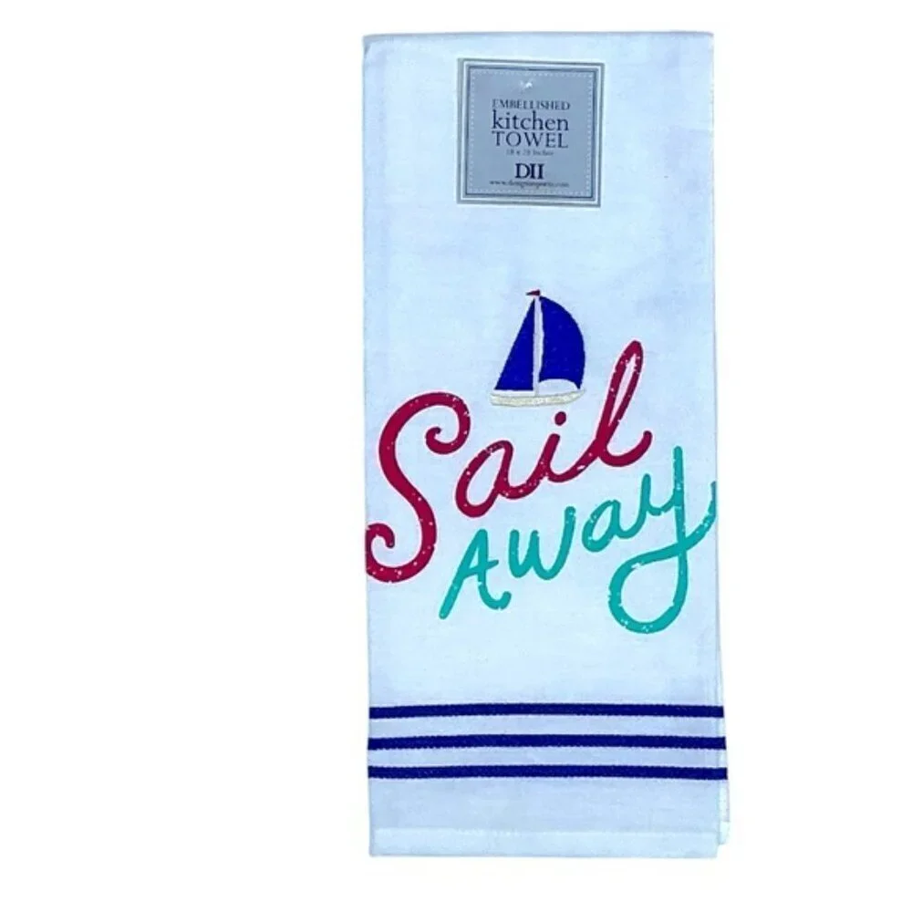 Sail Away Kitchen Towel Embellished Set Coastal Nautical Cotton Set 18 x 28 in
